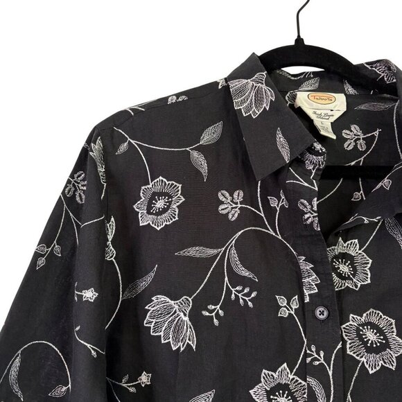 Talbots Women's Irish Linen Black Blouse Floral Embroidery 3/4 Sleeve Size Large - Picture 5 of 12